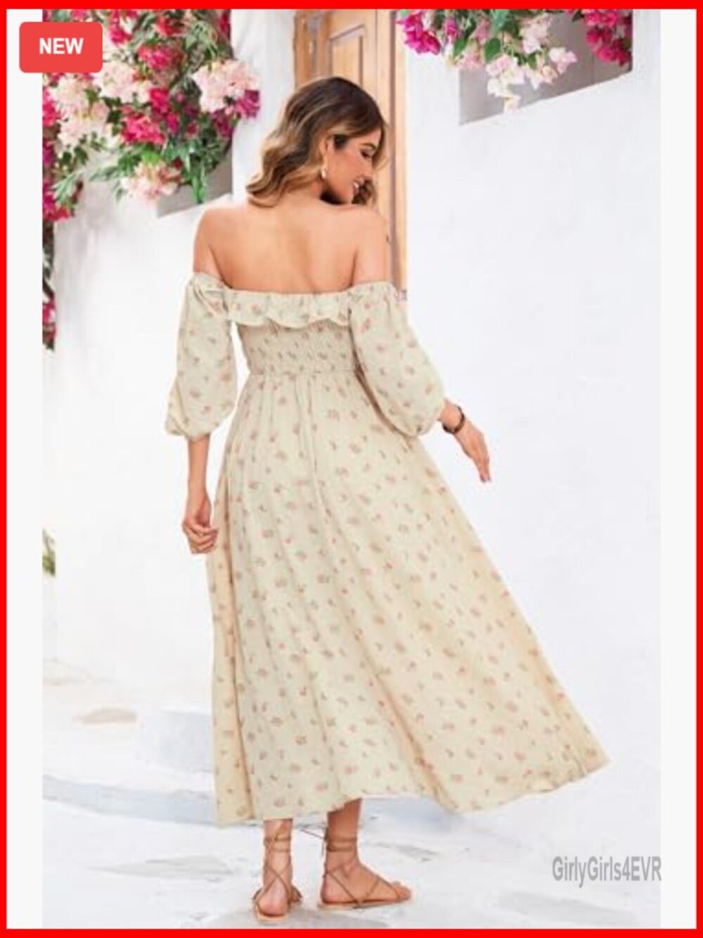 Women's Cotton Backless A-Line Flowy Midi Dress Ruffled Sleeves - Picture 4 of 7